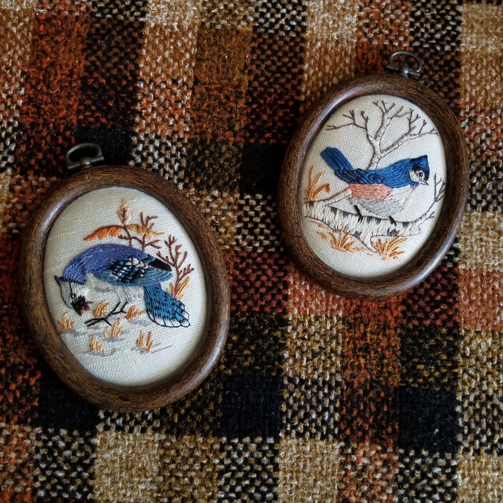 Two framed needlepoint birds